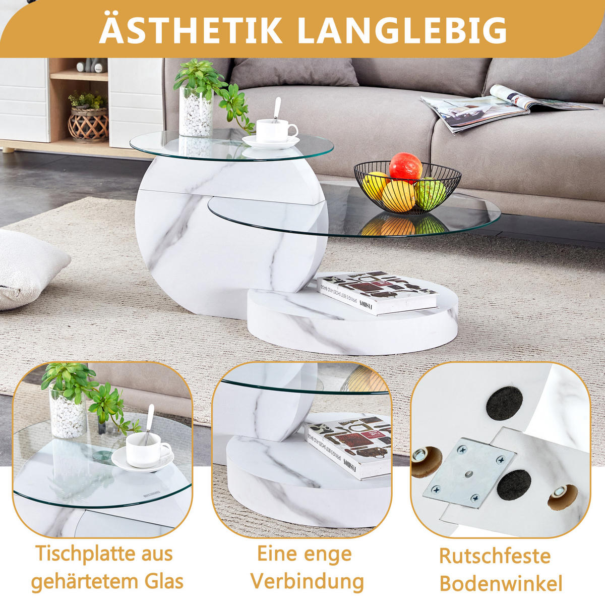COUCHTISCH mit 50/70 cm Glasplatten, mehrstufiges Design und MDF-Gestell in Marmoroptik, Transparent, Weiß - Weiß, Holzwerkstoff (90/70/44cm) - Modfu