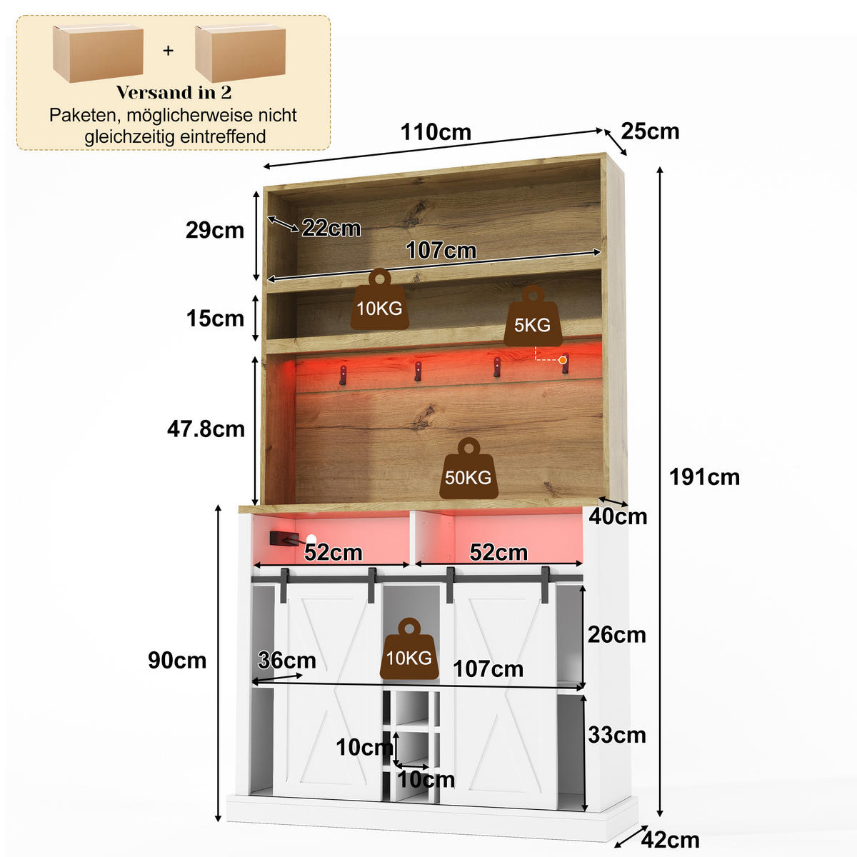 BUFFET 191 cm MDF Natur Weiß mit RGB-LED, USB-Anschluss und Weinregal - Weiß, Holzwerkstoff (40/191/110cm) - Korfee