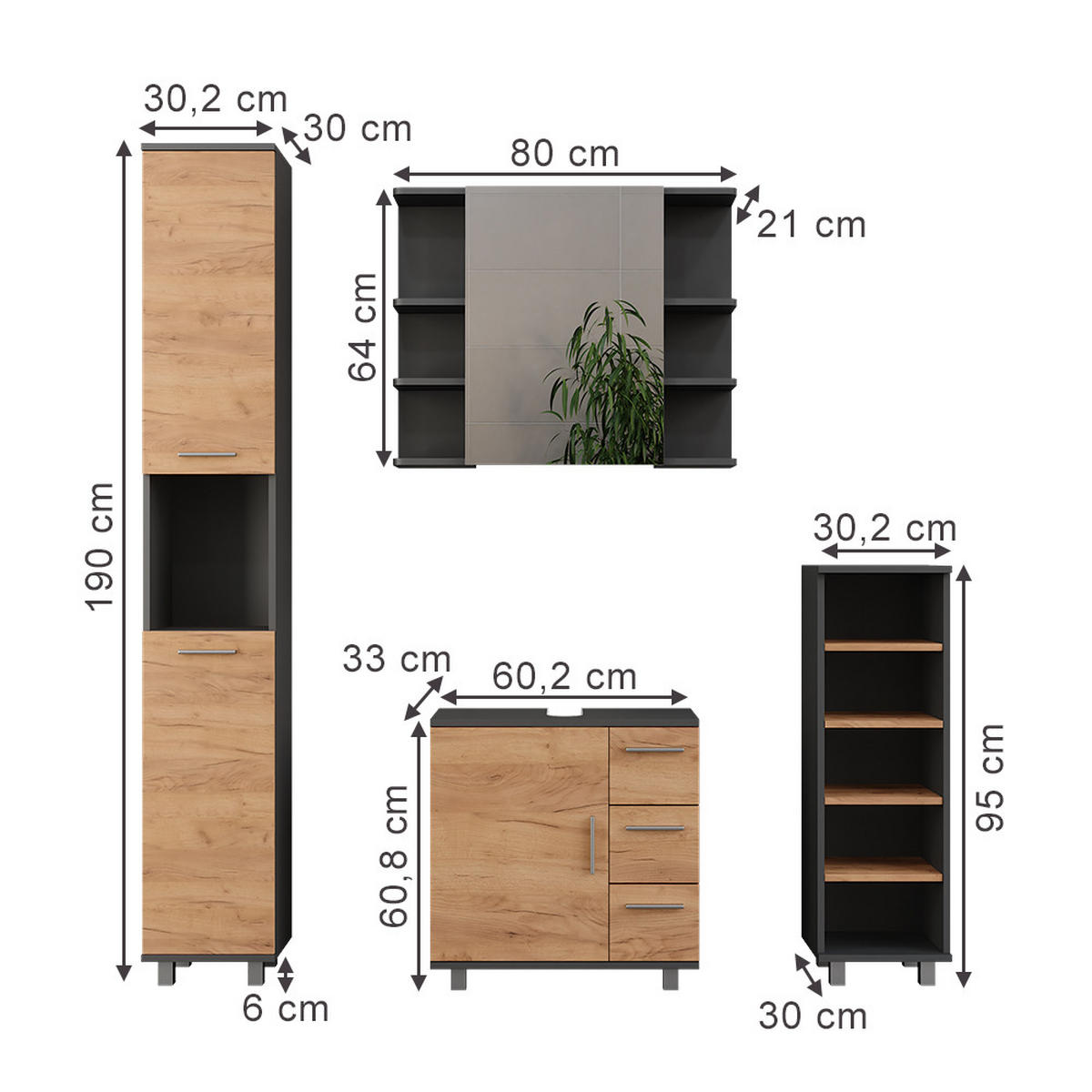 BADMÖBEL-SET Ilias Anthrazit/Goldkraft Eiche 4 Teile - Honigeiche/Anthrazit, Holzwerkstoff (60.2/60.8/33cm) - Vicco