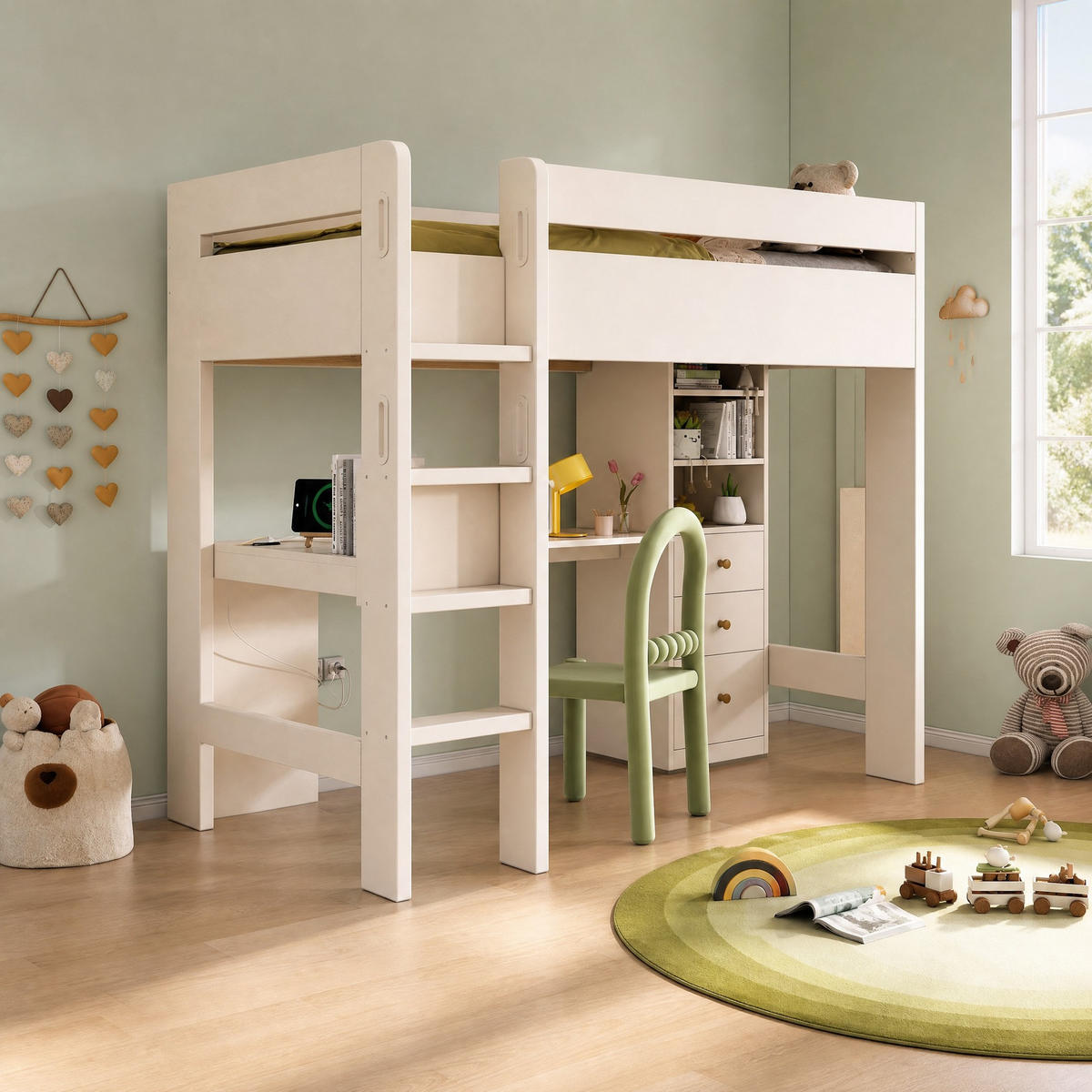 HOCHBETT 90/200 mit L-Schreibtisch, USB/Type-C und drei Schubladen in Weiß - Weiß, Holzwerkstoff (90/200cm) - EVRYAE