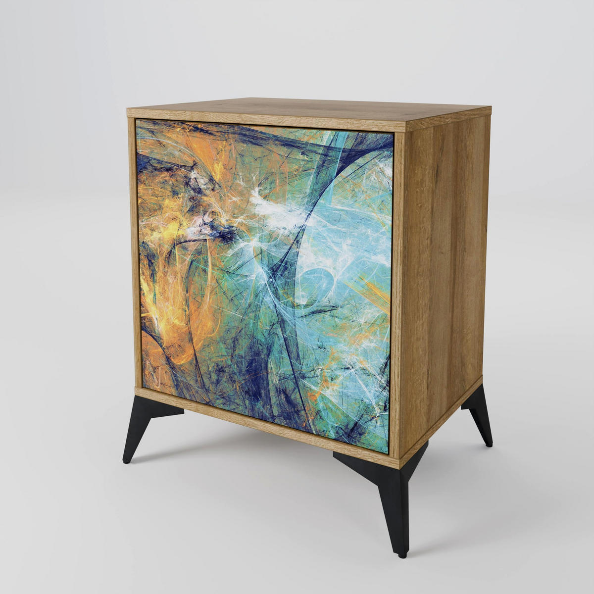 SIDEBOARD ABSTRACT THOUGHTS, Eichefarben, 57,5x42x67,5 cm, Schwarze Metall-Rahmenfüße - Eichefarben/Multicolor, Holzwerkstoff/Metall (57.5/67.5/42cm) - SpaceRebels