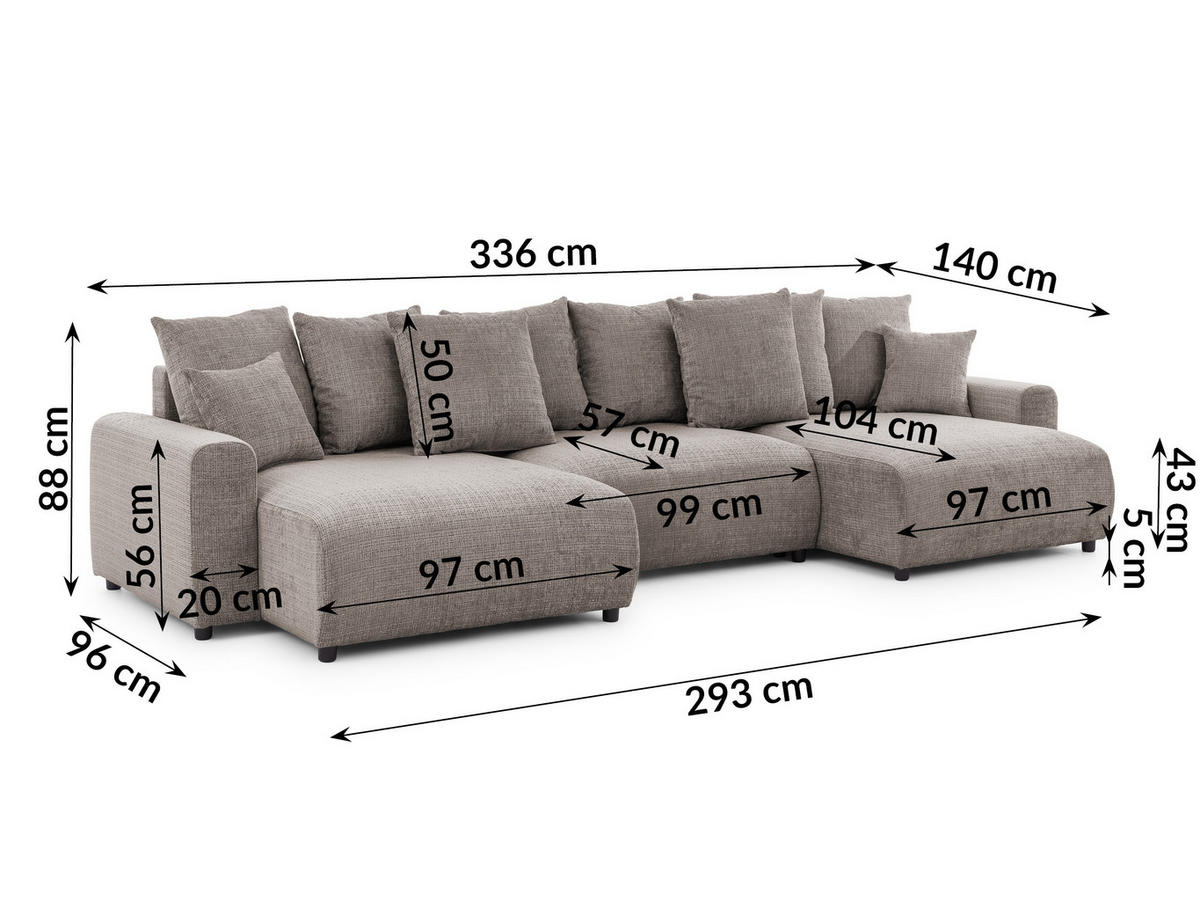 WOHNLANDSCHAFT Calma mit Schlaffunktion und Bettkasten im Bumpy-Design aus weichem Taupe Chenille-Stoff - Taupe/Schwarz, Holz/Kunststoff (336/88/140cm) - S-Style Möbel
