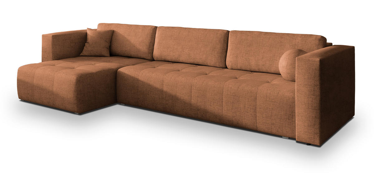 ECKSOFA OLVERA Kupferfarben Geflochtener Stoff mit Schlaffunktion - Kupferfarben, Holz (347/148cm) - MASSENO