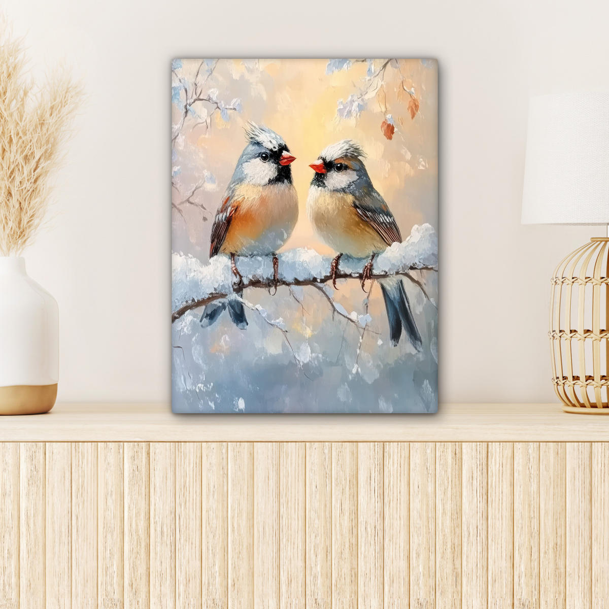 LEINWANDBILD Vögel - Zweig - Winter - Schnee 30x40 cm - Pastellblau, Textil (30/40cm) - MuchoWow
