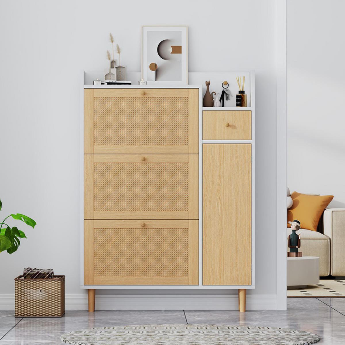 SCHUHSCHRANK RATTAN mit 3 Kipp-Türen und 1 Schublade Massivholzbeine 90x125x17 cm - Braun, Holzwerkstoff (17/125/90cm) - Fuleadture