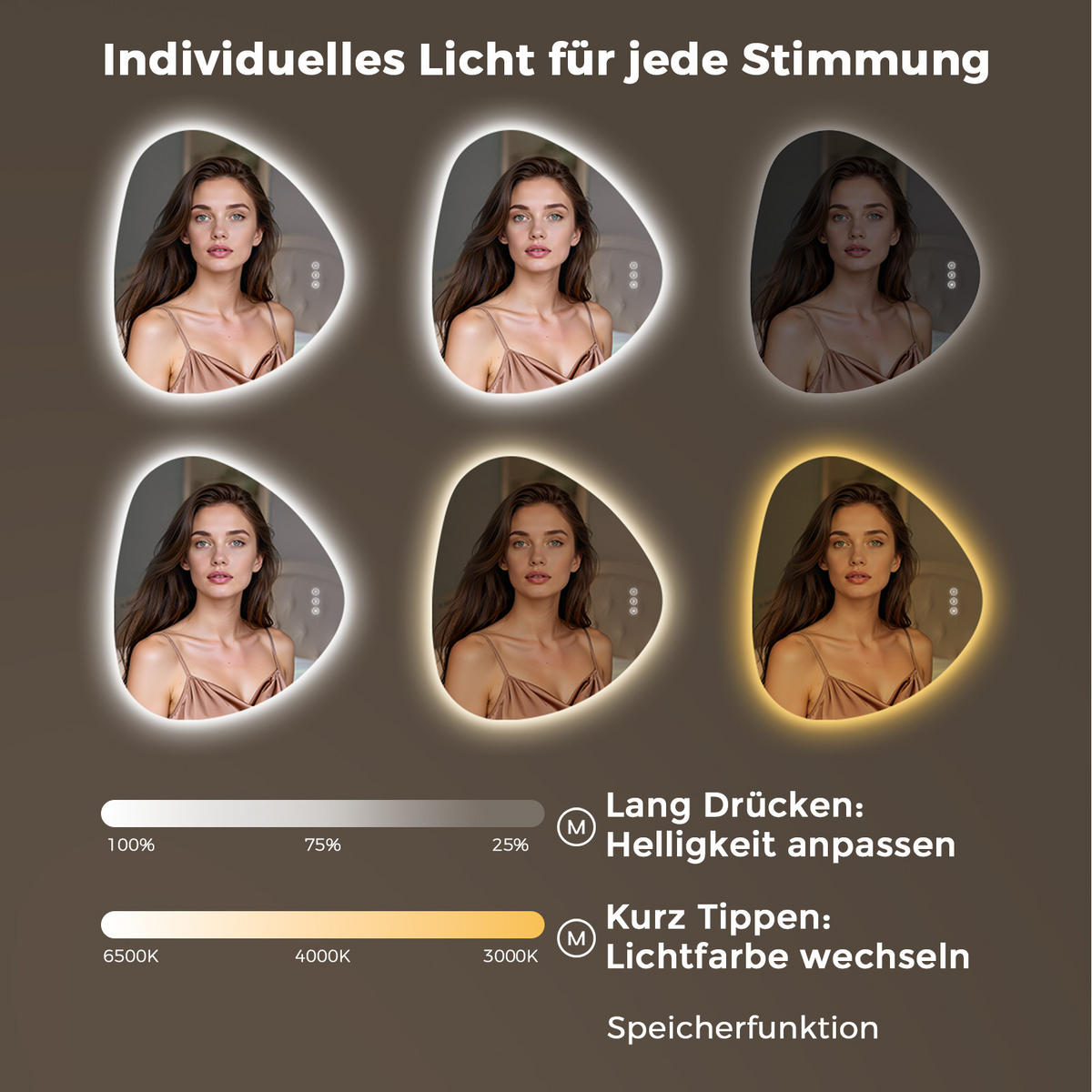 BADEZIMMERSPIEGEL mit Beleuchtung 70/60 cm asymmetrisch rahmenlos LED dimmbar mit Antibeschlag - Transparent, Glas (70/60/2.5cm) - S'AFIELINA