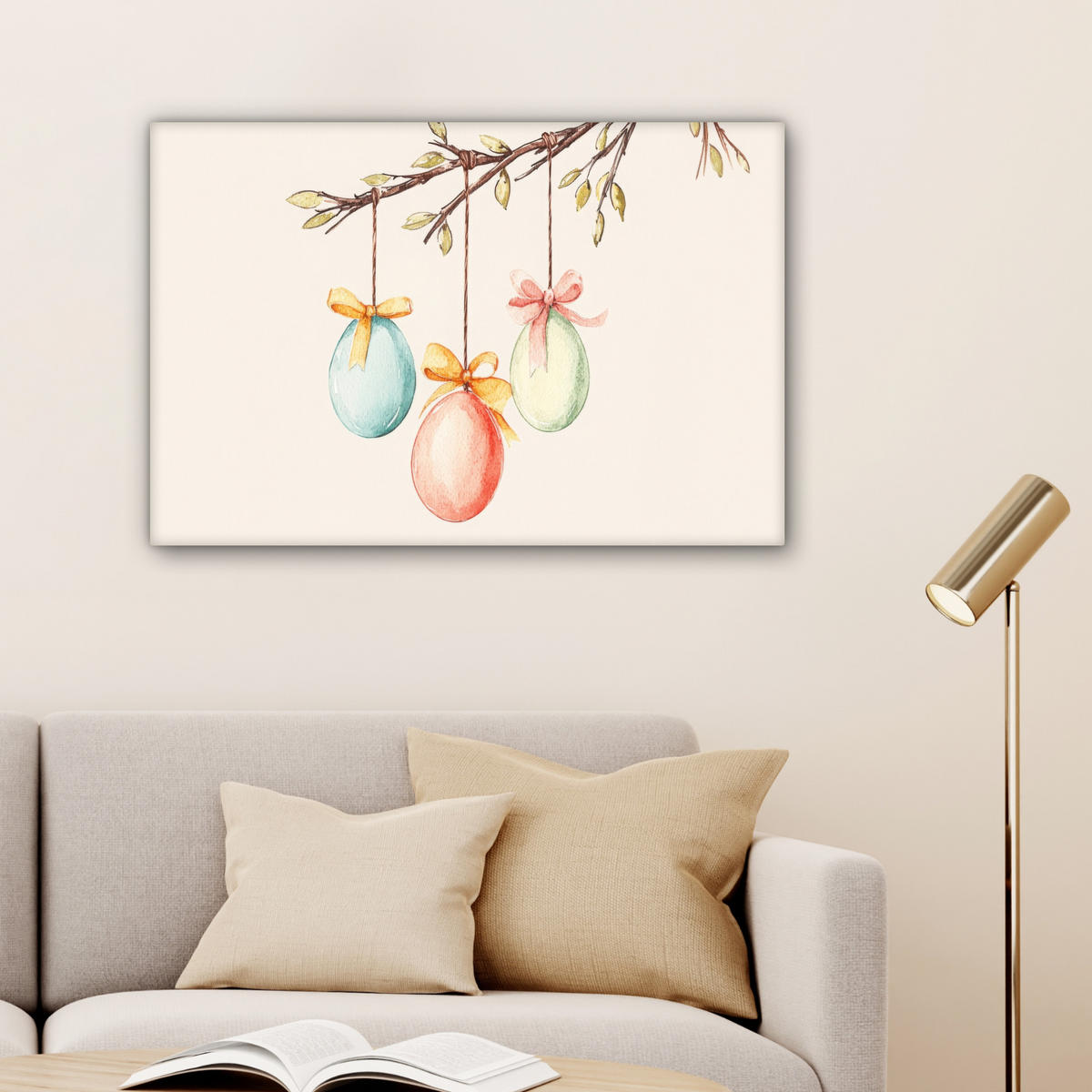 LEINWANDBILD Osterkuchen - Schleife - Eier Wanddeko 90x60 cm - Creme, Textil (90/60cm) - MuchoWow