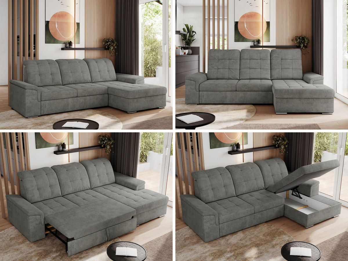 ECKSOFA MADRITO L - Grau Struktur - Rechts - Silberfarben/Grau, Textil/Metall (256/160cm)