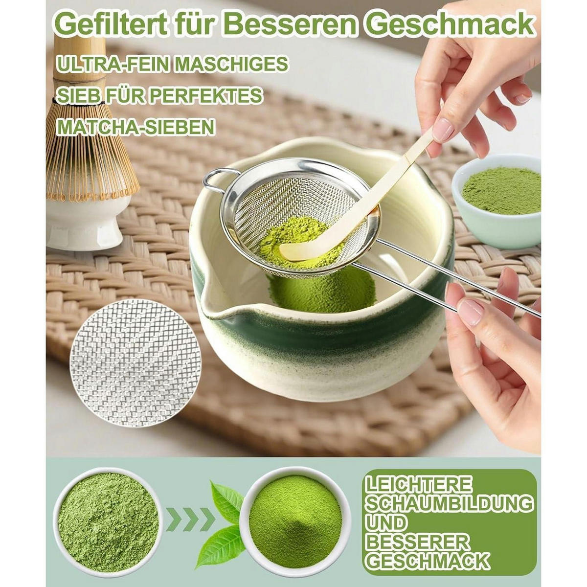 MATCHA Set 7-teilig mit Bambusbesen und Schale - Grün, Keramik (15/10/20cm)