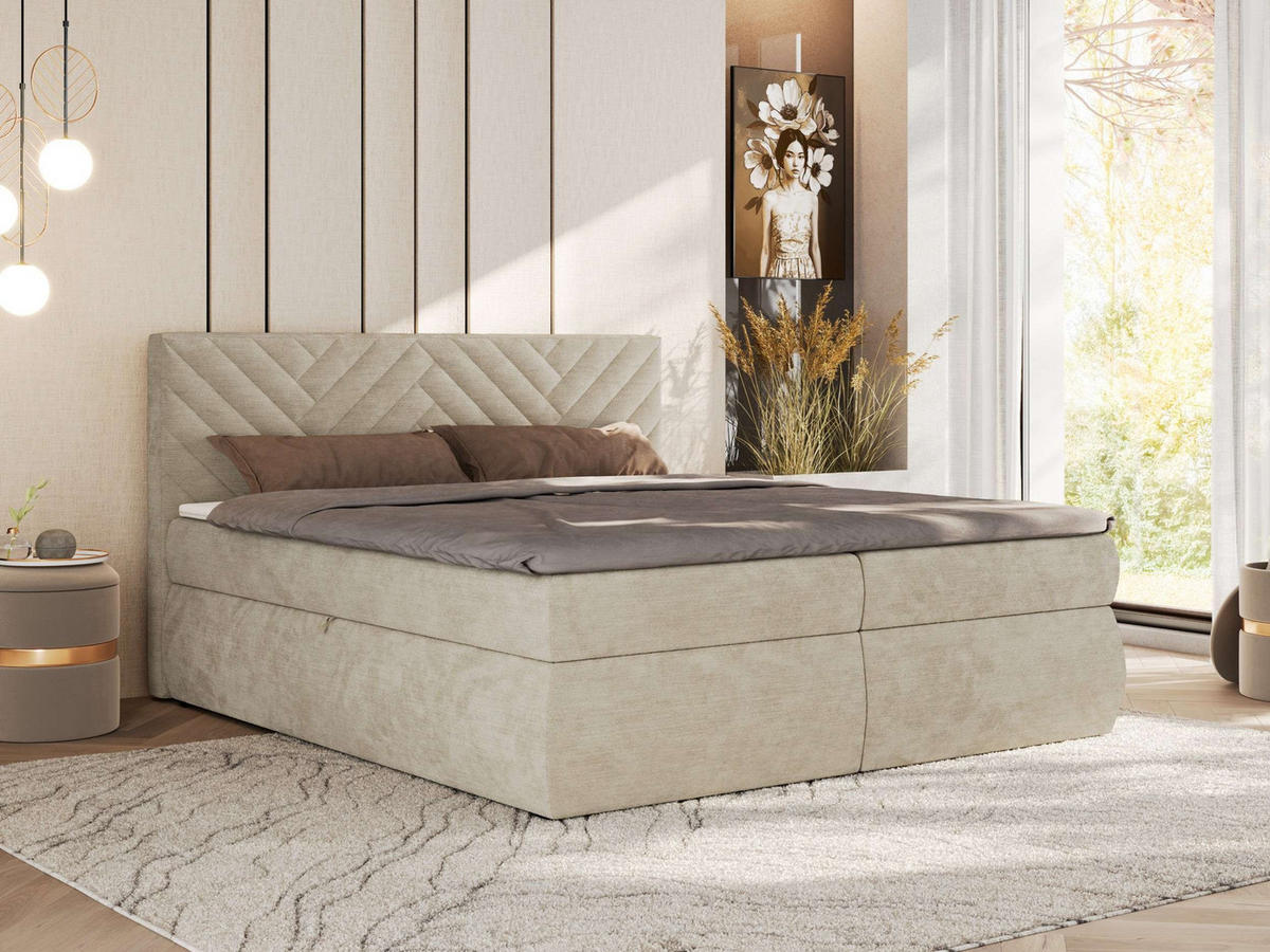 BOXBETT AVERTA 160/200 - Beige Schenille glatt - H3 - Beige, Textil (160/200cm) - MKS