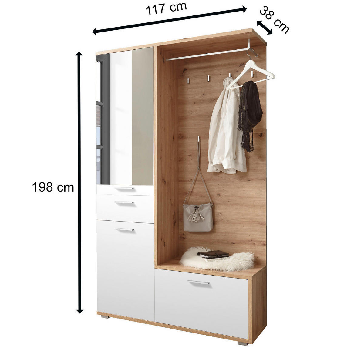GARDEROBE 4-teilig in 117/198/38 cm - Weiß, Holz (117/198/38cm) - moebel dich auf