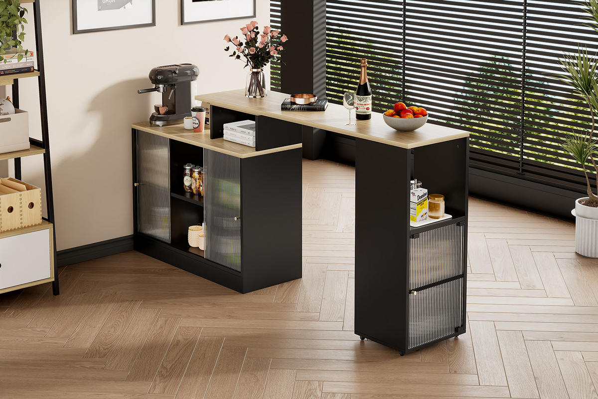 KÜCHENINSEL 2-teiliges Set Bartisch AUSZIEHBAR DREHBAR, mit Beistellschrank, MDF Regenbogen-Glas Schwarz, Küche - Schwarz, Kunststoff (50.42/29.85/83.19cm) - Rolipo