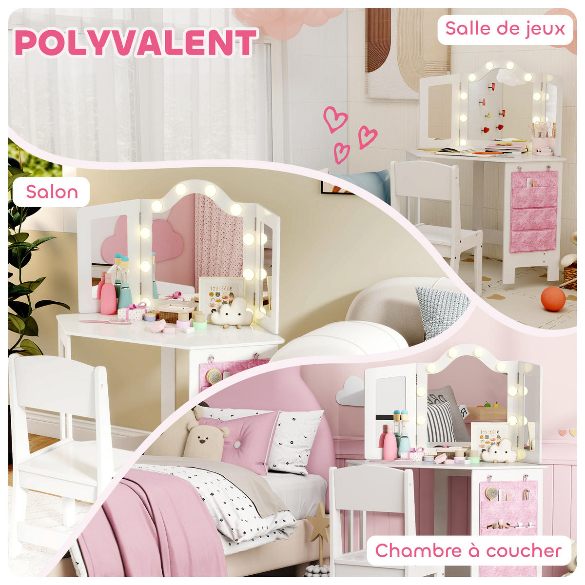 KINDERSCHMINKTISCH DE-18637 2-in-1 mit LED-Triptychonspiegel Weiß - Weiß, Holzwerkstoff (48.5/111.5/93.6cm) - ComfortXL