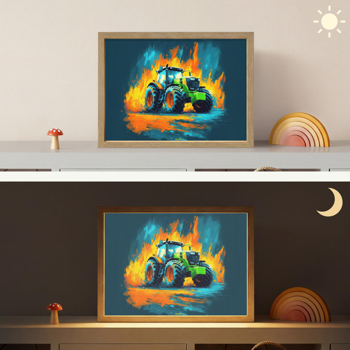 NÁSTĚNNÁ LAMPA S AKUMULÁTOREM Abstrakt - Traktor - Zelený 40x30 cm - tmavě modrá, kompozitní dřevo (40/30/8cm) - OnlyWow