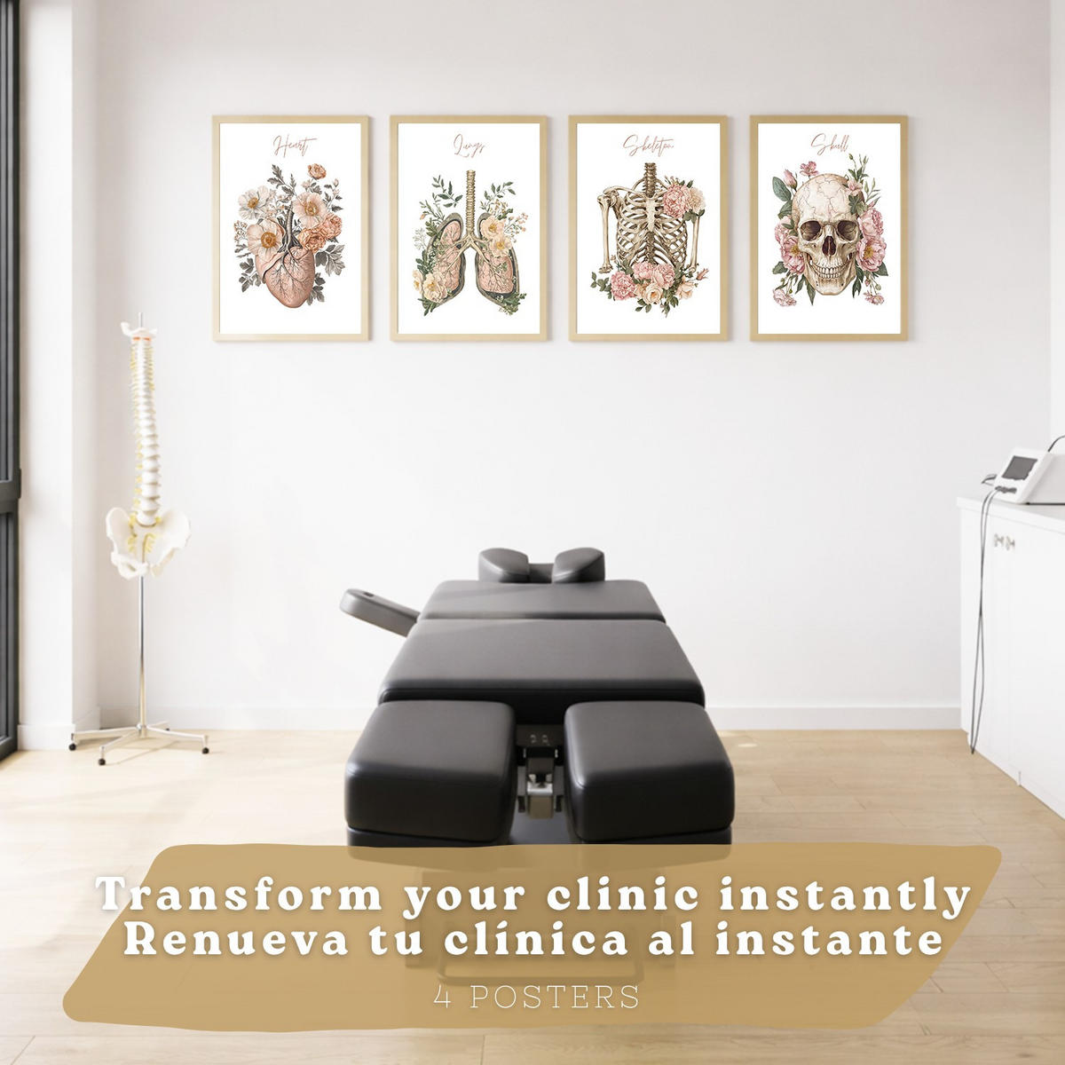 POSTER Set aus 4 Anatomie Mensch Florale Drucke und Wandbilder mit Herz Lungen Skelett und Schädel Stil Wanddekoration Größe Leichter Holzrahmen A4 - Beige, Papier (21/29.7/3cm) - Nacnic