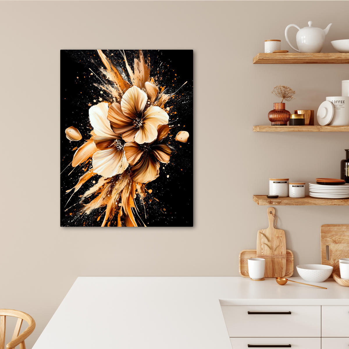 LEINWANDBILD Blumen - Gold - Graffiti - Schwarz - Abstrakt 60x80 cm - Cappuccino, Textil (60/80cm) - MuchoWow