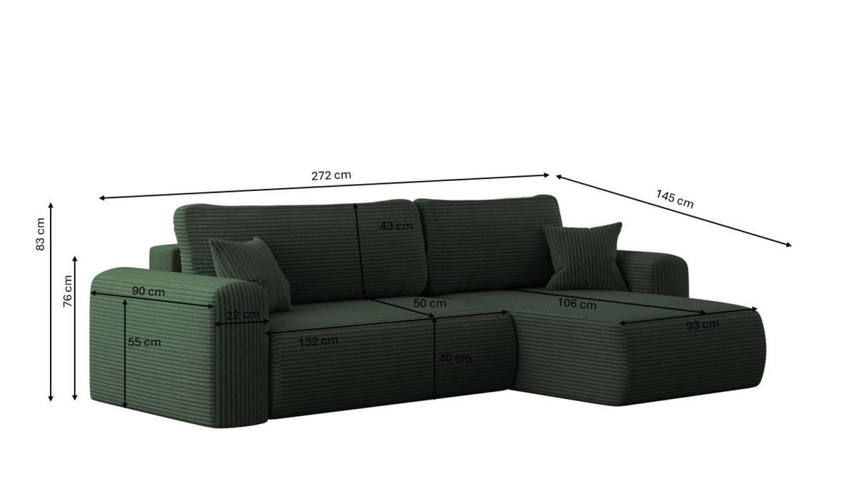 ECKSOFA Mit Schlaffunktion und Stauraum für Bettzeug Capri Stoff Poso Grün Rechts - Grün, Holz/Textil (272/145cm) - Kaiser Möbel