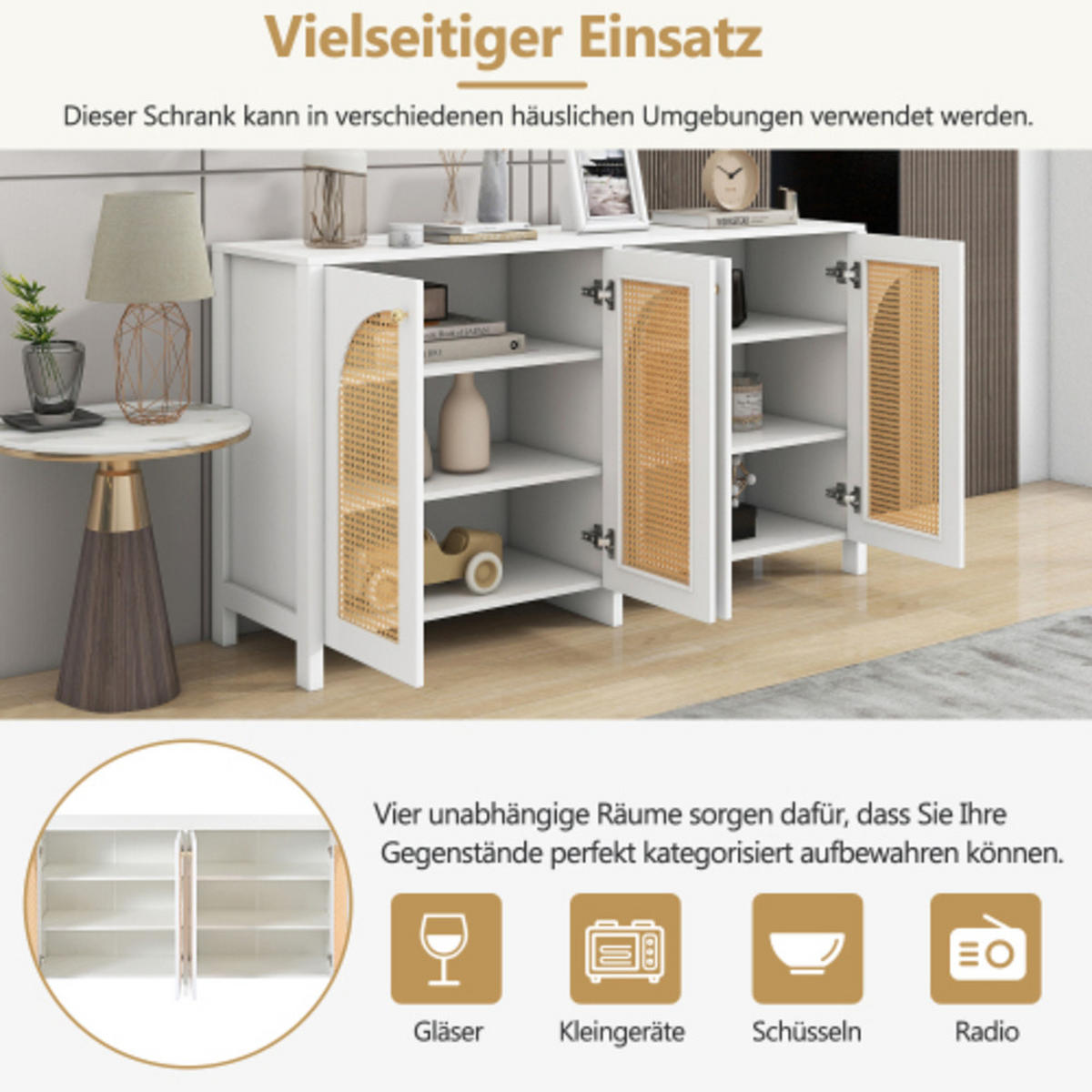 SIDEBOARD mit vier gebogenen Rattan-Türen & Metallgriffen weiß 145×80×40 cm aus MDF - Weiß, Holzwerkstoff (145/40/80cm) - Luhomfu