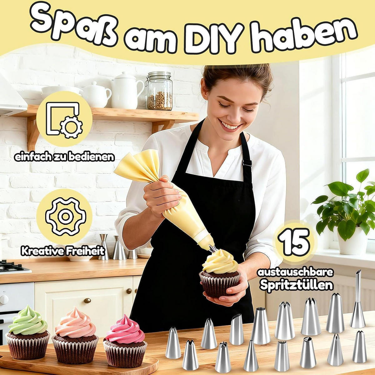 SPRITZBEUTEL Set 30-teilig mit Edelstahl-Tüllen - Gelb, Kunststoff (17/3.4/39.5cm)