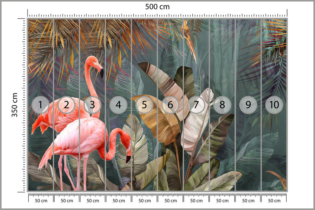 FOTOTAPETE für Wohnzimmer Flamingos Dschungel Blätter Tropisch 500x350 - Multicolor, Papier (500/350cm) - Muralo