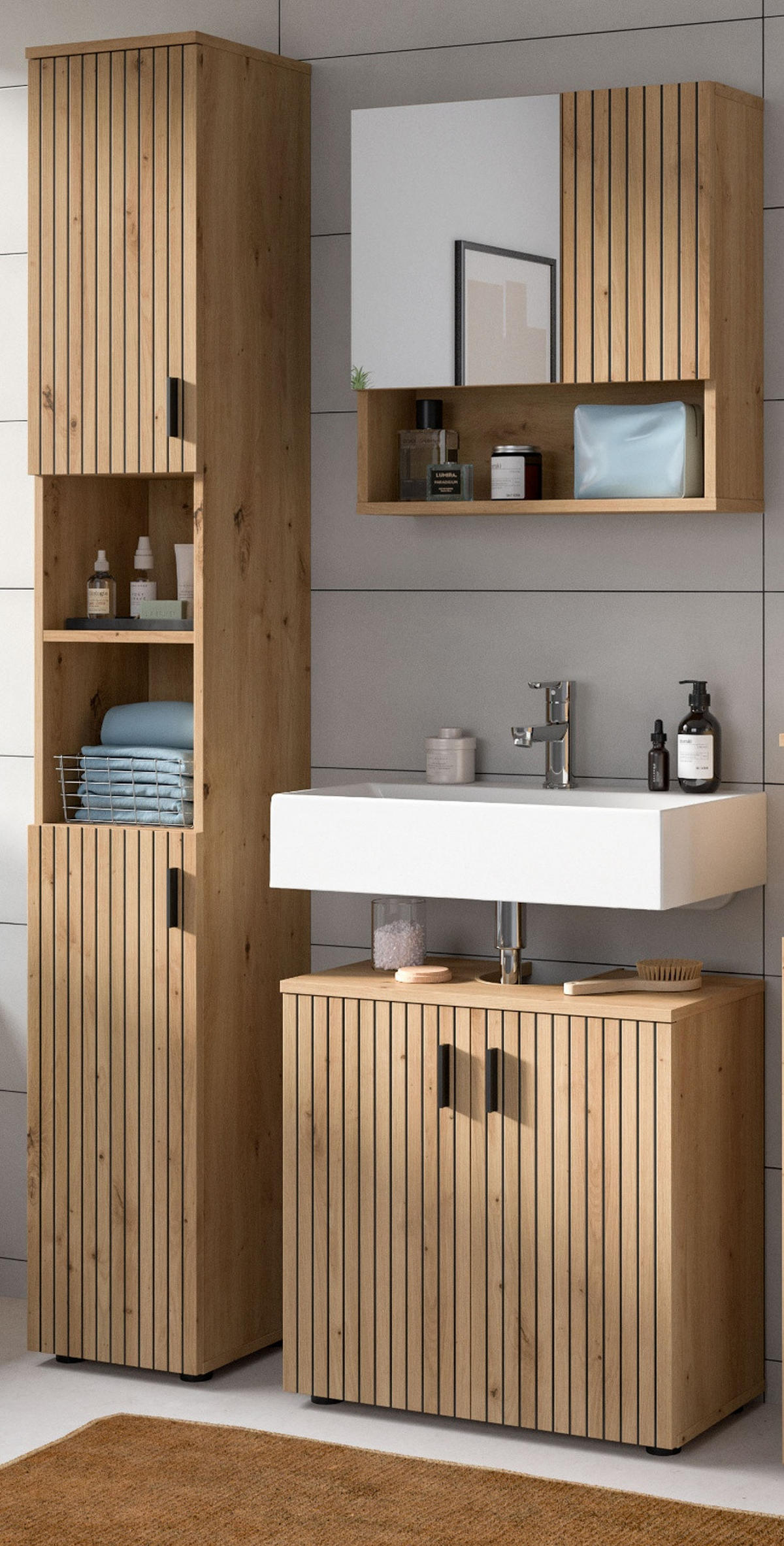BADMÖBEL-SET Eiche Artisan 3-teilig 105 cm, Badkombination mit Rillen-Optik - Schwarz/Eiche Artisan, Glas/Holzwerkstoff (105/192/30cm) - Inn.Furn
