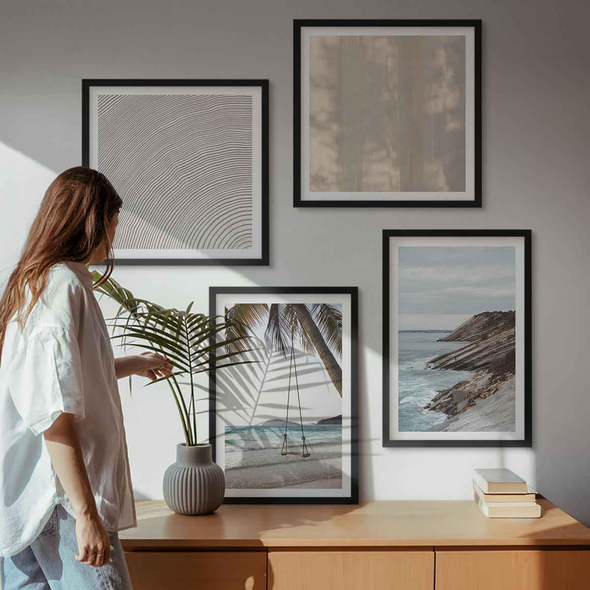 WANDBILDER 4er-Set - 50x50 cm & 40x60 cm Schwarzer Rahmen - Sommerlicher Sandstrand mit Meerblick - Schwarz, Kunststoff (50/50cm) - ArtPrintCave