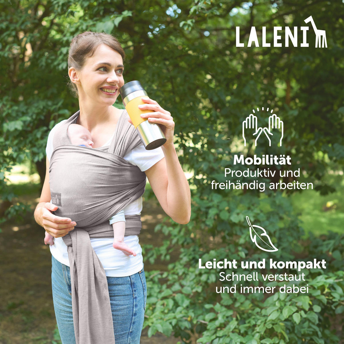 BABYTRAGEN für Neugeborene bis 15 kg - 100% Baumwolle (Ohne Elasthan) - Hellgrau - Hellgrau, Textil (60/5.1cm) - Laleni