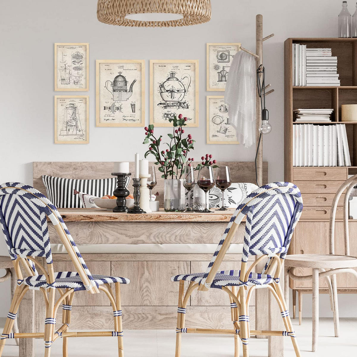 POSTER Set Mit 6 Mit Kaffeemaschine Patenten Im Vintage Stil A3 & A4 Rahmen Aus Hellem Holz - Beige, Papier (29/3cm) - Nacnic