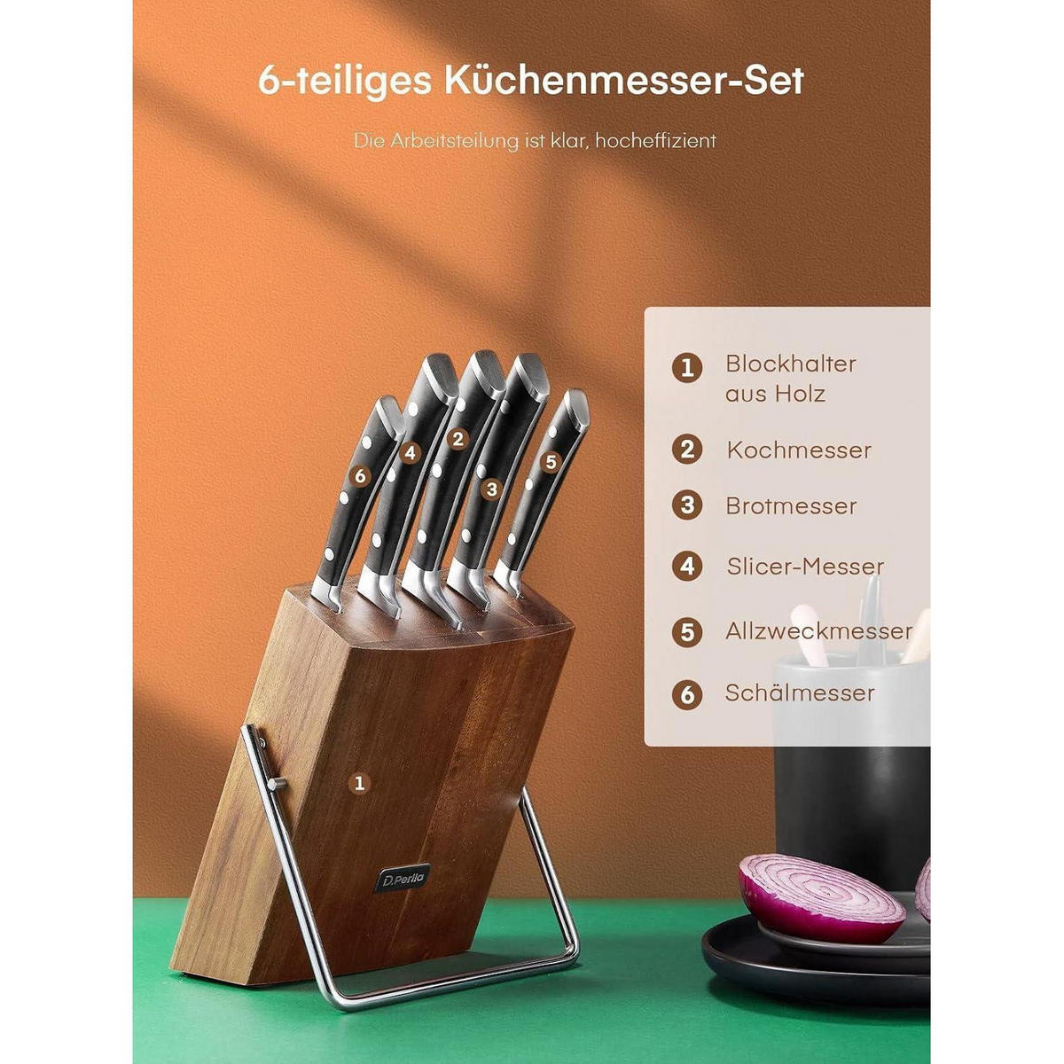 MESSERBLOCK Set 6-teilig mit Kochmessern aus Edelstahl mit hohem Kohlenstoffgehalt - Braun, Metall (22.4/9.4/35.8cm)