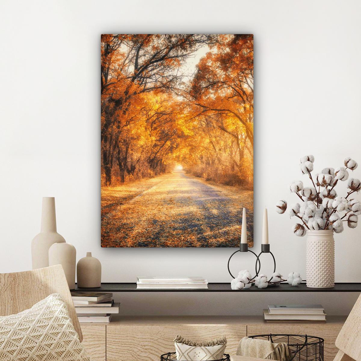 LEINWANDBILD Wald - Herbst - Bäume - Waldweg - Natur 60x80 cm - Bernsteinfarben, Textil (60/80cm) - MuchoWow
