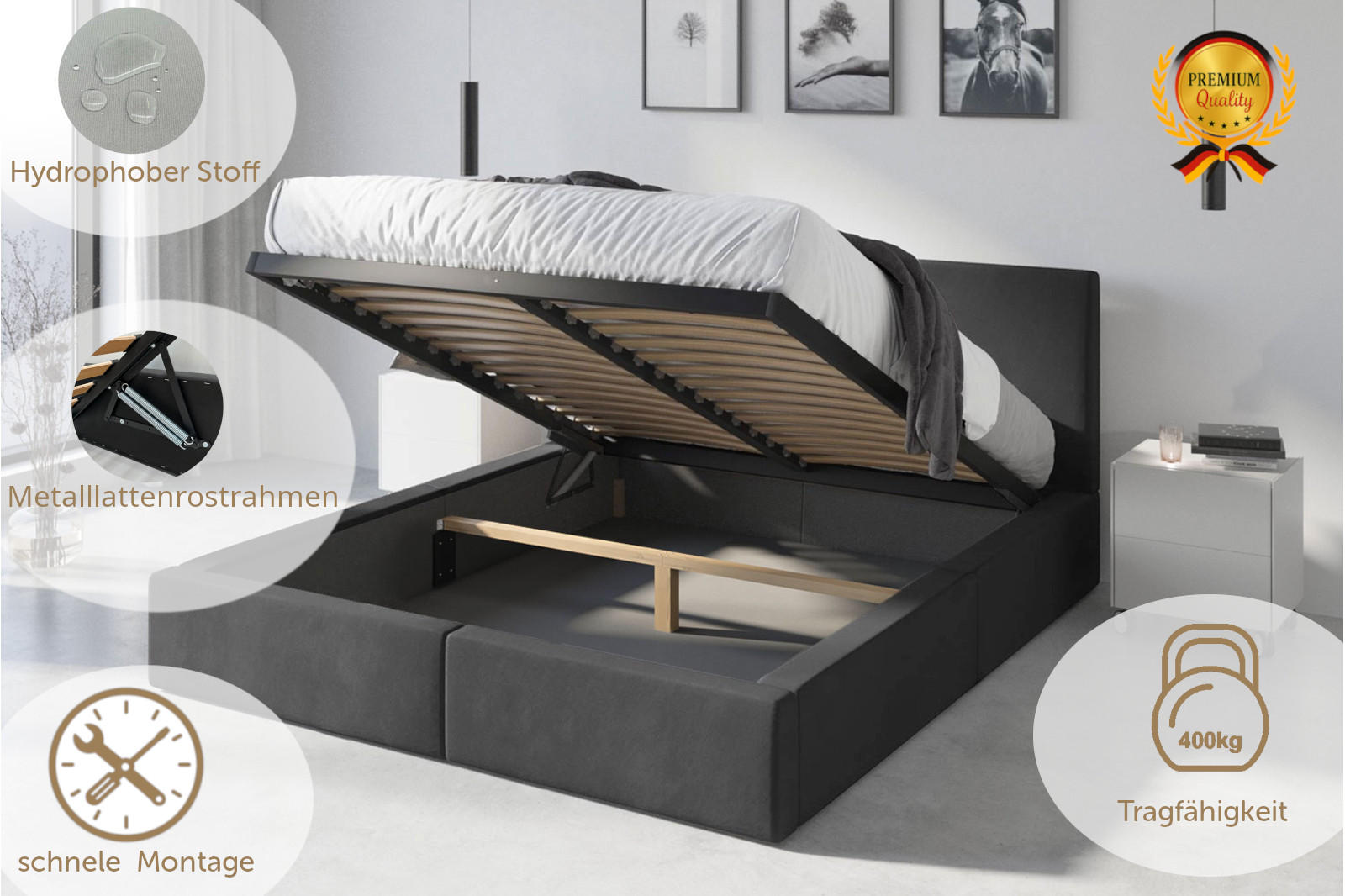 POLSTERBETT Hilton 160x200cm Anthrazit mit Stauraum - Anthrazit, Textil/Metall (160/200cm) - Interbeds
