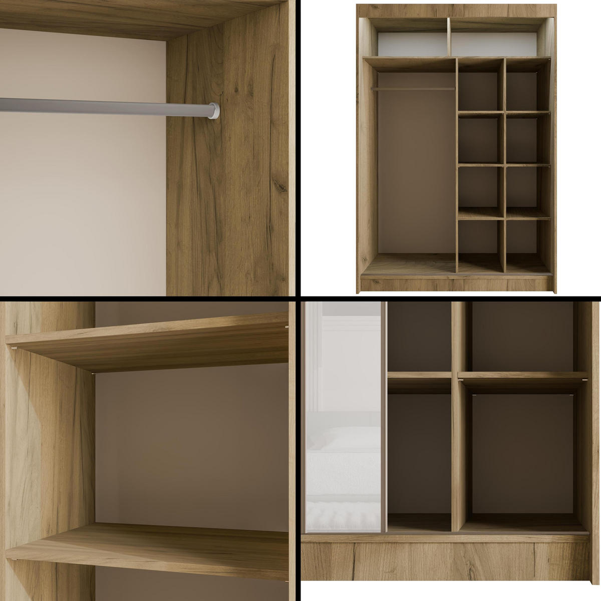 KLEIDERSCHRANK VESLI mit LED - 150 cm - Braun|Weiß - Braun/Weiß, Holzwerkstoff (150/215/61cm) - ALTDECOR