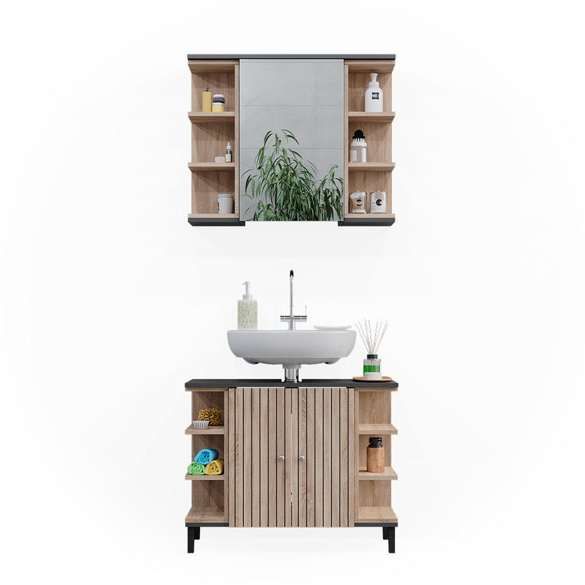 BADMÖBEL-SET Aquis Sonoma 2 Teile - Anthrazit/Sonoma Eiche, Holzwerkstoff (79.6/64/32cm) - Vicco