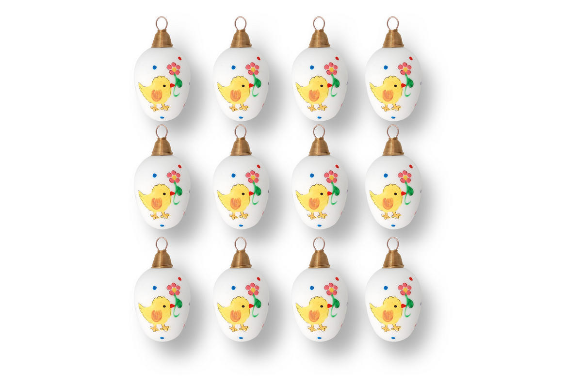 OSTERSET Ostereier mit Küken Weiß 6cm (Glas / 12 Stk.) - Weiß, Glas (4/6/4cm)
