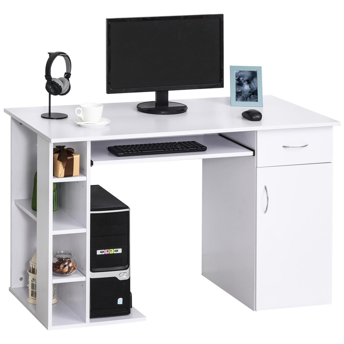 SCHREIBTISCH Weiß mit Tastaturauszug Schublade Schrank und Ablagen 120/60/74 cm - Weiß, Holzwerkstoff (60/120/74cm) - PANGIVO