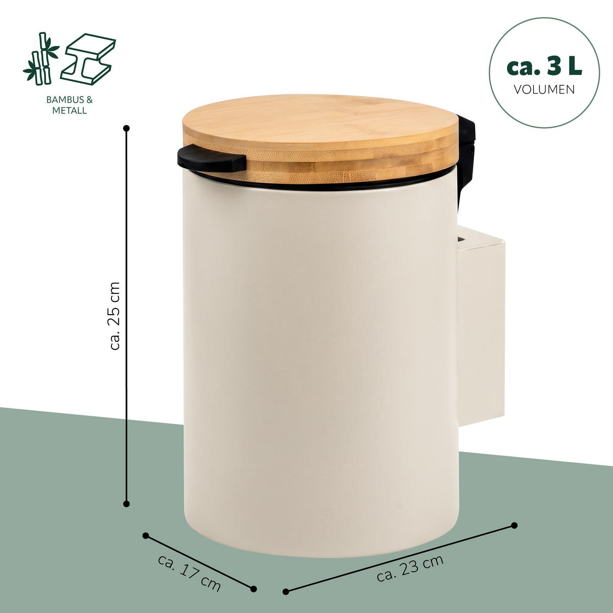 WAND-KOSMETIKEIMER 3 L, rund, beige - Beige, Metall (17/25/23cm) - bremermann