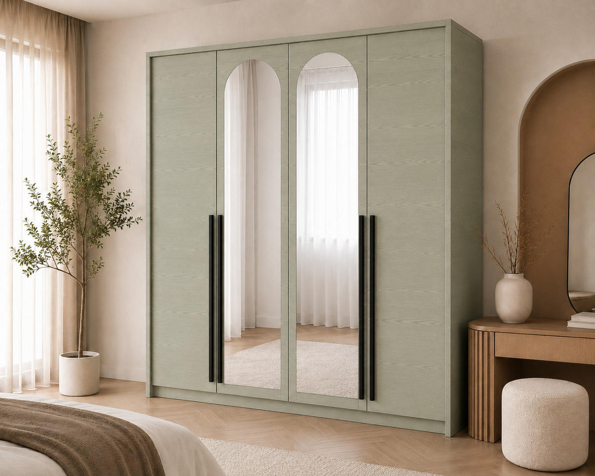 KLEIDERSCHRANK MIT SPIEGEL: Eukalyptus / Griffe Silber, 205 x 65 x 217,2 cm - Silberfarben/Grün, Holzwerkstoff (205/217.2/65cm) - 3XE LIVING