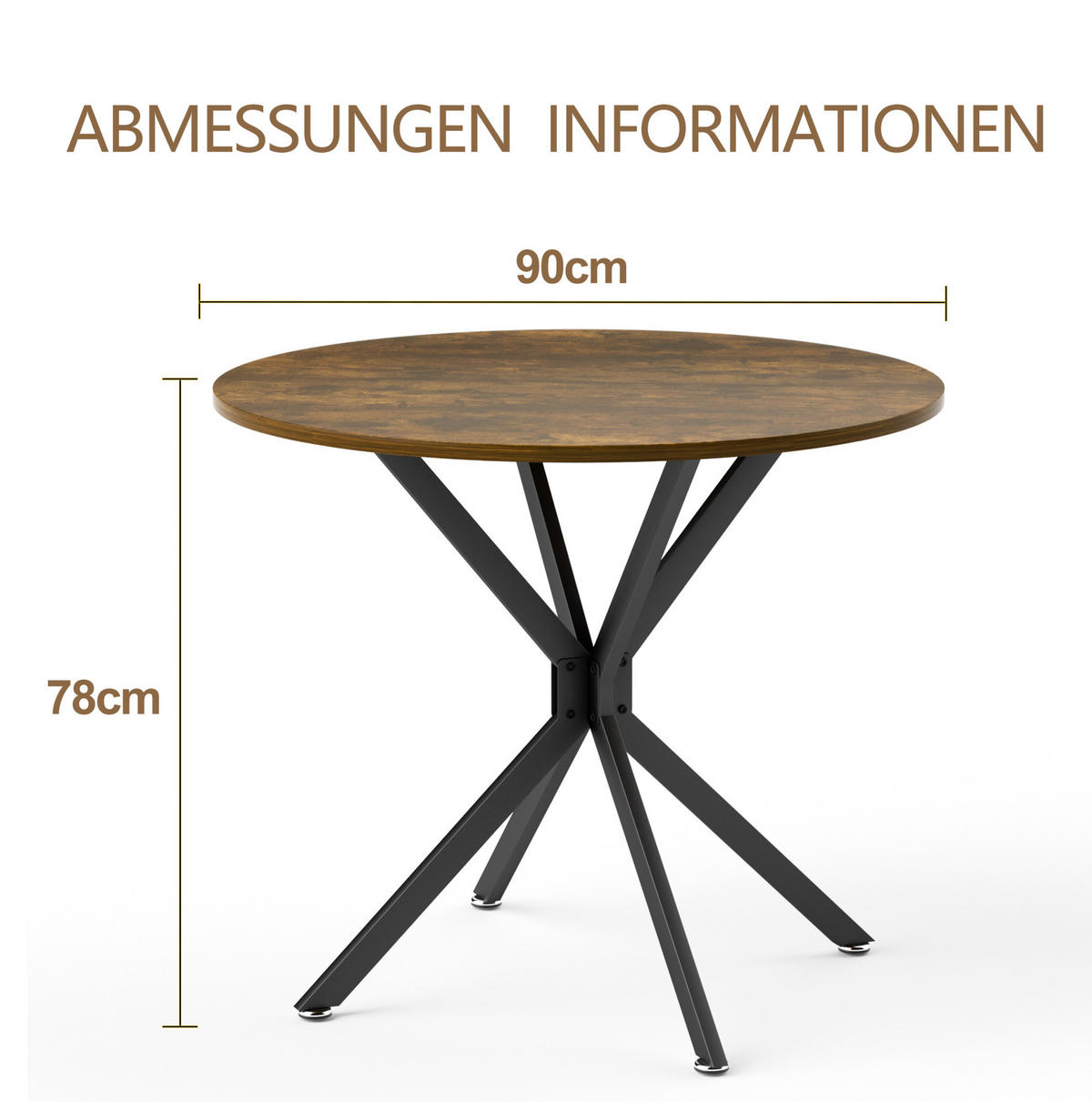 ESSTISCH 90/78/90 cm Vintagebraun-Schwarz aus Spanplatte und Stahl rund - Schwarz, Holzwerkstoff (90/90/78cm) - OKMYHOME