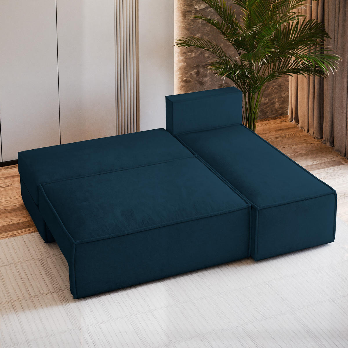 ECKSOFA BRISO M Blau Velours-Stoff mit Schlaffunktion - Blau, Holz (200/140cm) - MASSENO