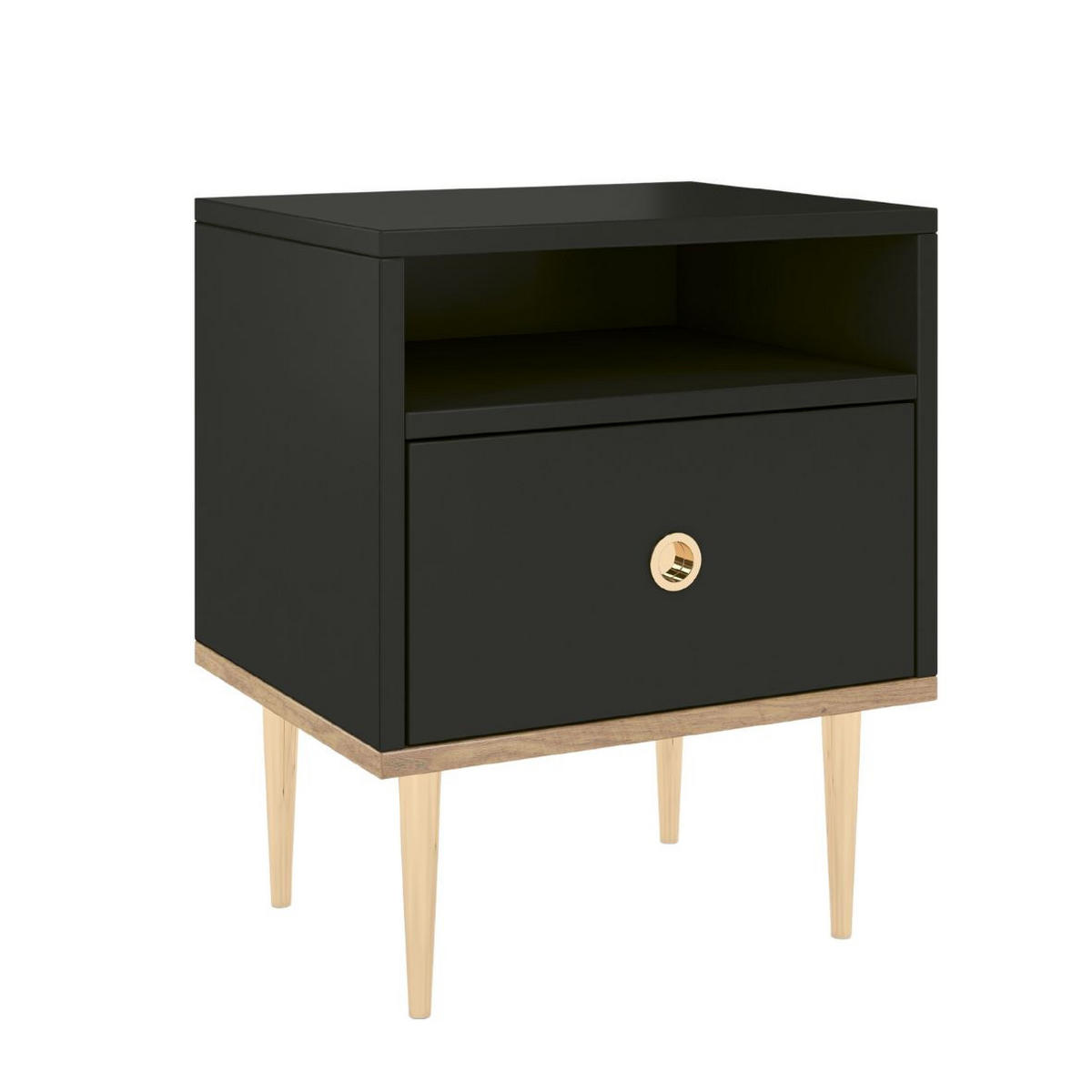 NACHTTISCH Harmoni, Schwarz, Eiche, Goldene Details - Goldfarben/Schwarz, Holzwerkstoff/Metall (44/54/38cm) - Skandica