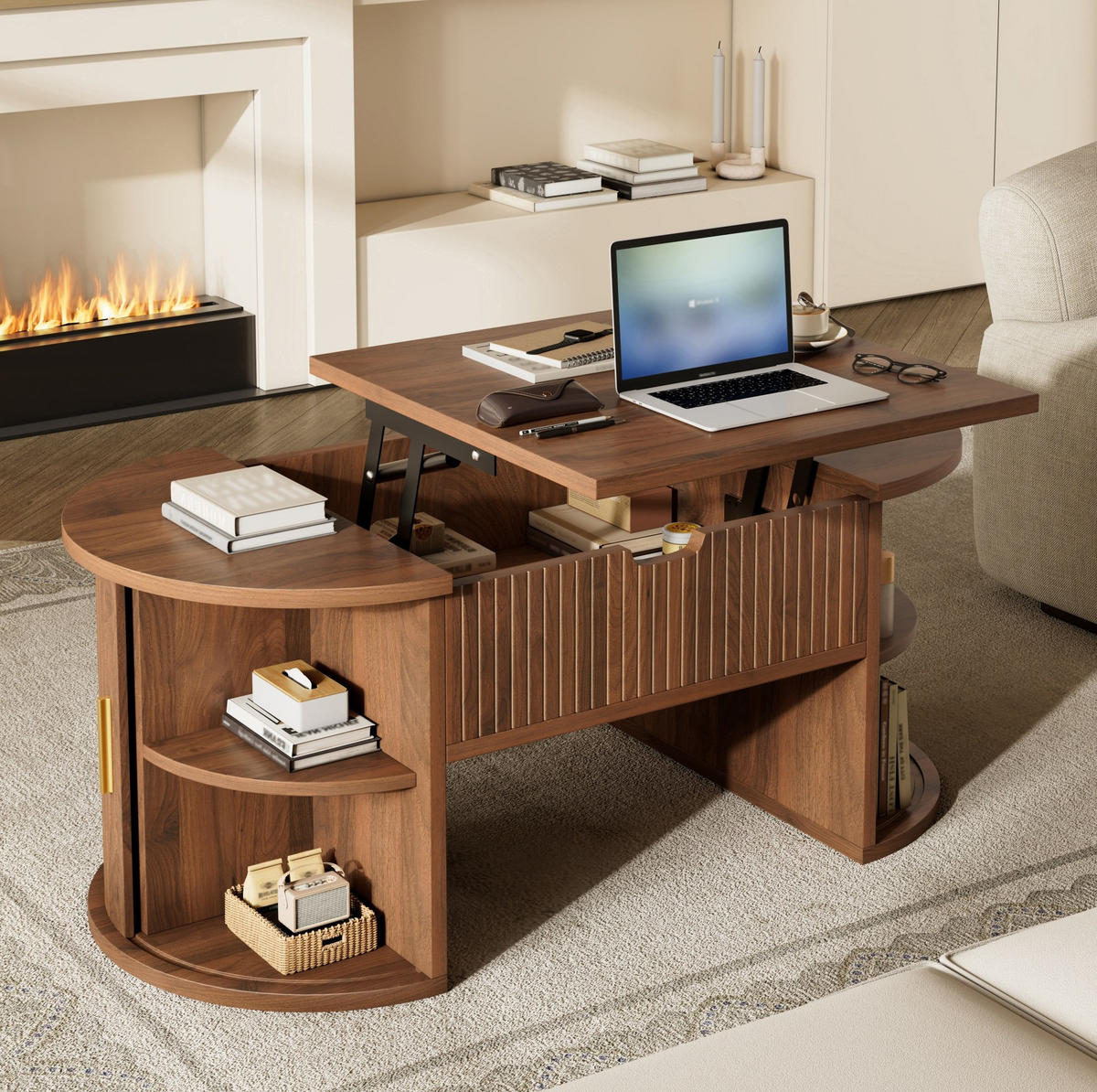 COUCHTISCH höhenverstellbar 100 x 50 cm MDF Nussbaum mit Stauraum - Braun, Holz (100/50/40.5cm) - Meubliv