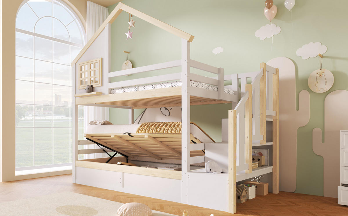 ETAGENBETT 90/200 cm mit hydraulischem Stauraum, Hausdesign und Bettgitter, Weiß/Natur - Weiß, Holz (90/200cm) - Redom