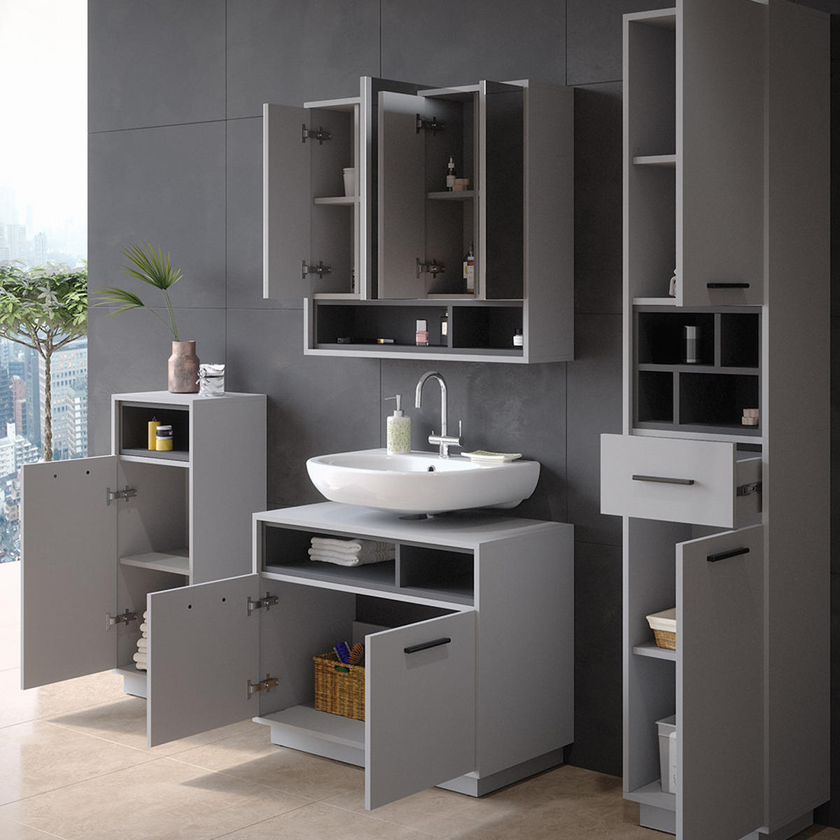 BADMÖBEL-SET Beatrice Grau 4 Teile - Anthrazit/Grau, Holzwerkstoff (80/64/40cm) - Vicco