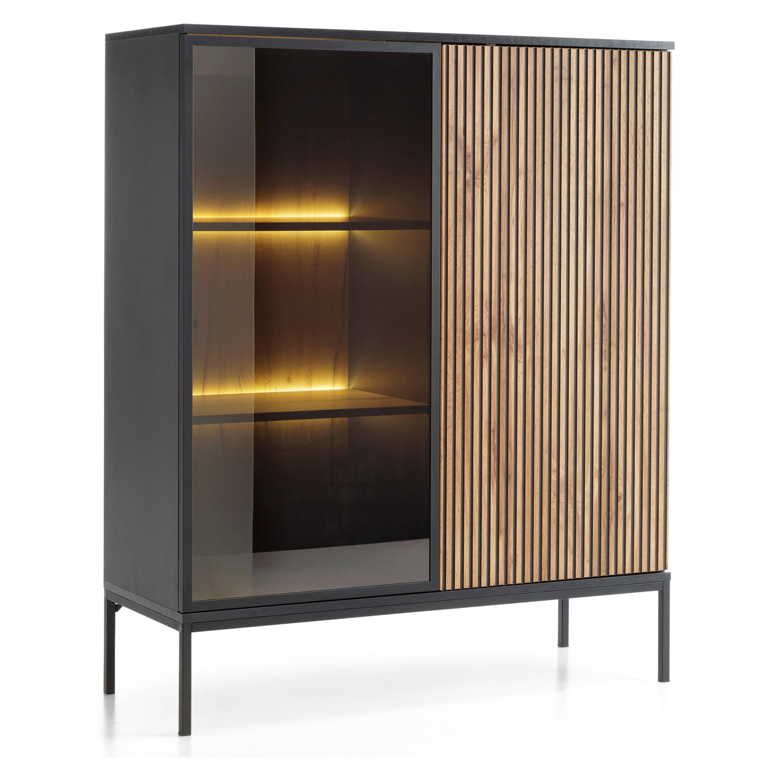 VITRINE Laval WT104 – Wotan-Eiche, Schwarz, mit LED-Beleuchtung - Eichefarben/Eiche Wotan, Glas/Holzwerkstoff (104/126/39cm) - Komodee