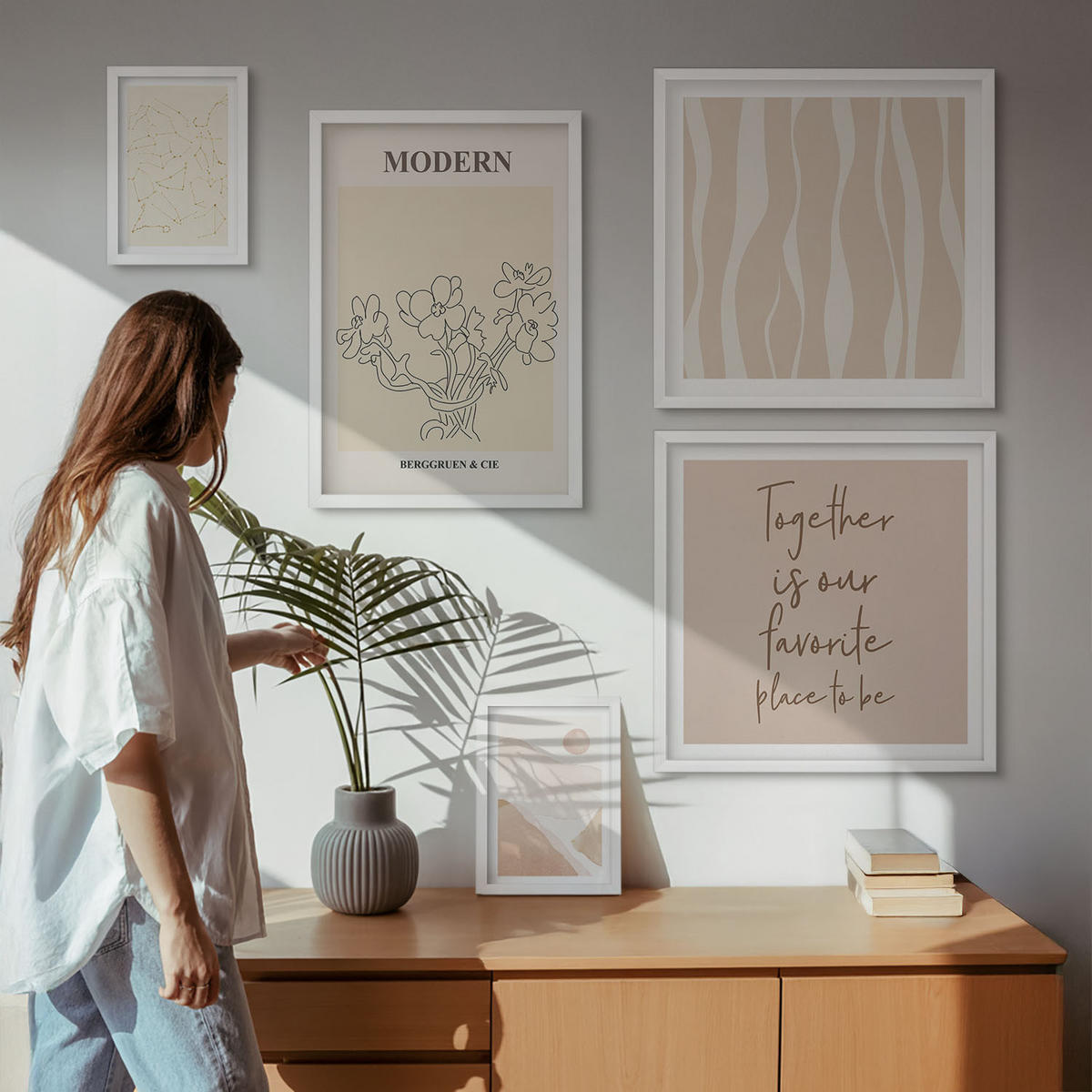 BILDER SET 5er Set - 50x50 cm & 20x30 cm & 40x60 cm Weißer Rahmen - Abstrakte Formen und Farben - Weiß, Kunststoff (40/60cm) - TULUP