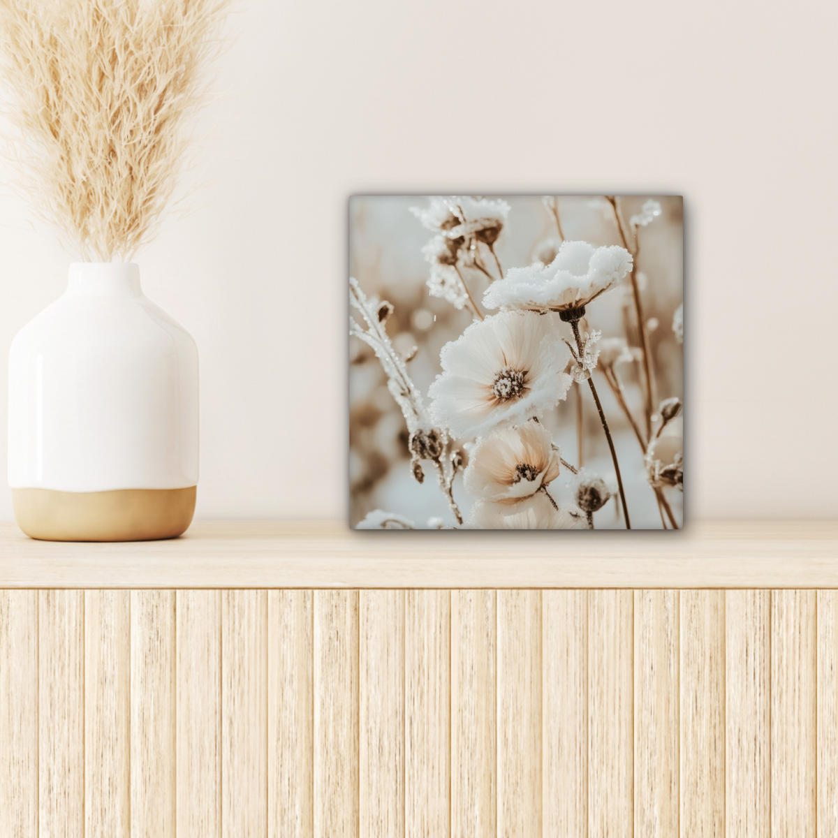 LEINWANDBILD Blumen - Winter - Weiß - Schnee - Beige Deko Wohnzimmer 20x20 cm - Creme, Textil (20/20cm) - MuchoWow