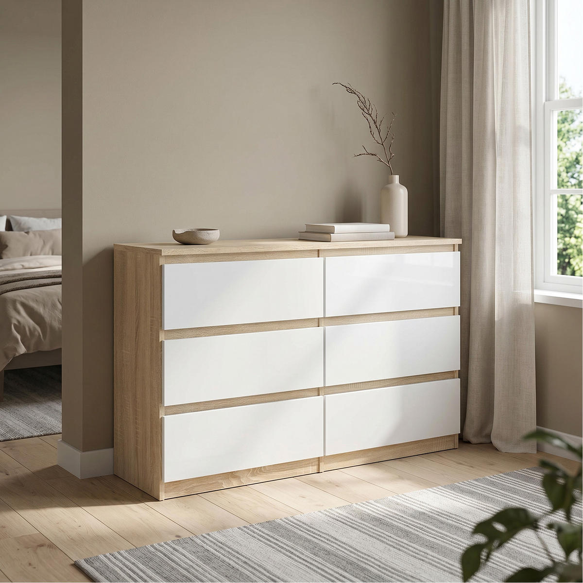 KOMMODE NUDO 138,5/78,5/39cm mit 6 Schubladen Türen Sonoma Eiche - Weiß/Sonoma Eiche, Holzwerkstoff (138.5/78.5/39cm) - MASSENO