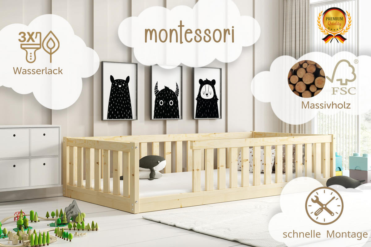 INTERBEDS Montessori Kinderbett BELLA 90x190 cm aus massivem Kiefernholz mit Rausfallschutz – Bodenbett FSC - Naturfarben, Holz (90/190cm) - Interbeds
