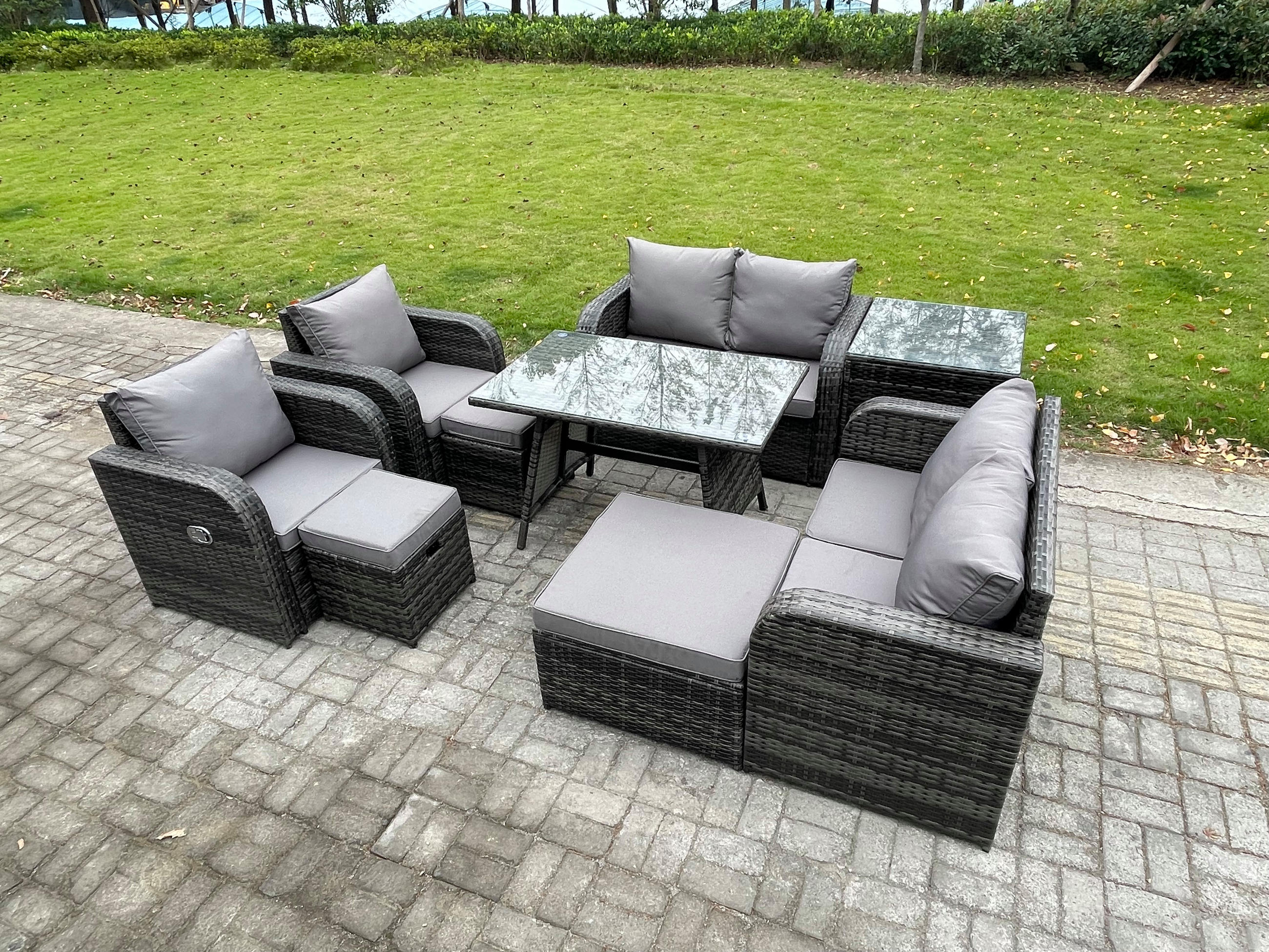 BALKONSET mit ESSTISCH SOFA Polyrattan Dunkelgrau 9-Sitzer - Dunkelgrau/Grau, Glas/Kunststoff - Fimous