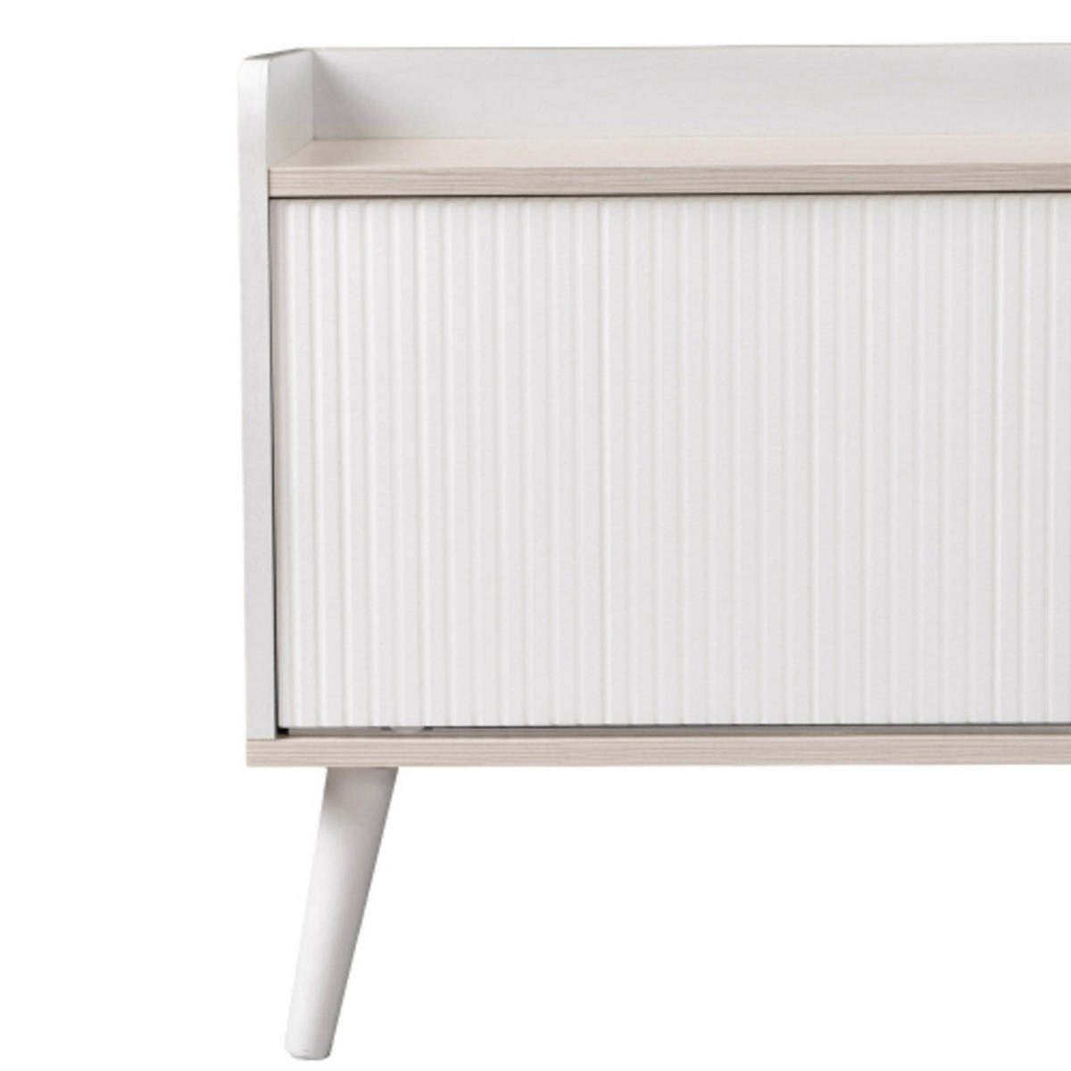 LOWBOARD Weiß aus Spanplatte mit gestreiften Schiebetüren und Massivholzbeinen 160×40×58 cm - Weiß, Holzwerkstoff (160/58/40cm) - Luhomfu
